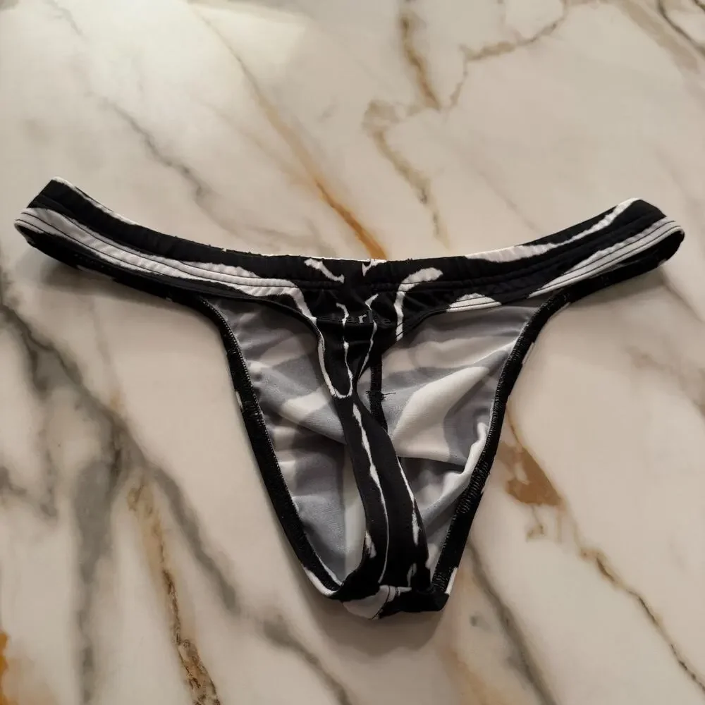 Charlie By MZ Mens Signature Print Zebra Body Swim Thong Color Black White L